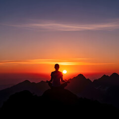 Silhouetted Person Meditating at Sunrise Mountaintop.