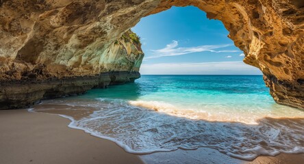 Fototapeta premium Coastal Archway Scene. A Vista of Turquoise Waters and Golden Rock Formations.