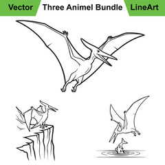 Three Pterodactyl Illustrations in a Bold Prehistoric Line Art Style © GraphicPro
