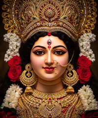 Durga mata portrait with crown and red roses. Mata Durga smiling portrait with soft light. jewelry. Crown.