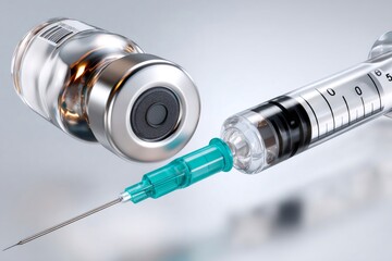 Syringe extracting medicine from vial for injection, healthcare concept