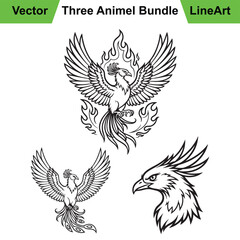 Three Mythical Phoenix Poses as a Prehistoric Line Art Set