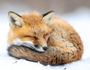 A red fox curled up asleep in the snow, its eyes closed and fur thick against the cold.