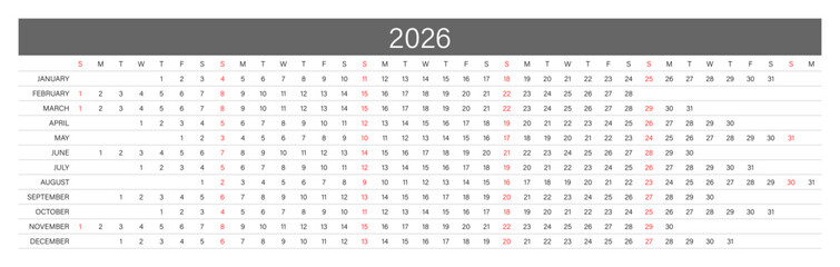 2026 Linear Calendar. Replaceable Text. One line calendar template