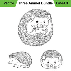 Three Distinct Hedgehog Poses as a Clean Vector Line Art Set