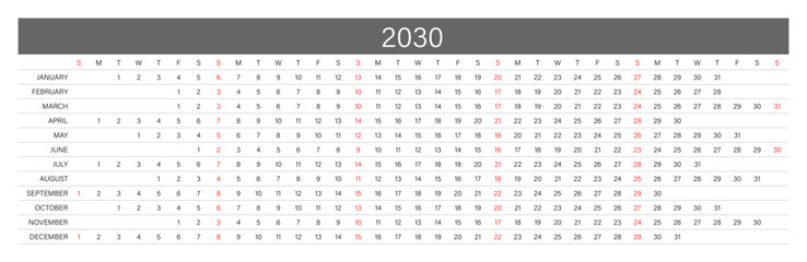 2030 Linear Calendar. Replaceable Text. One line calendar template