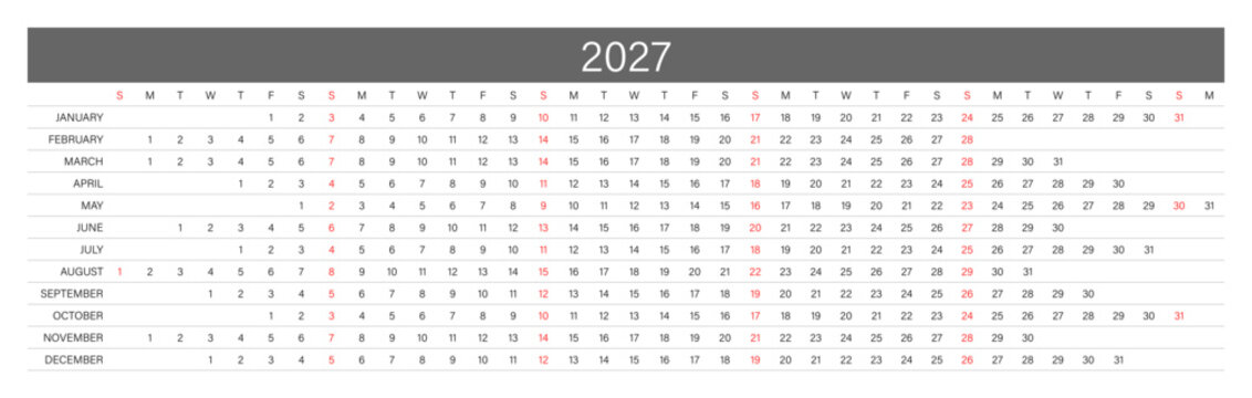 2027 Linear Calendar. Replaceable Text. One line calendar template
