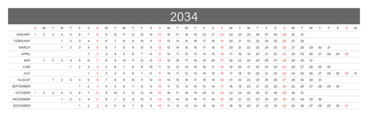 2034 Linear Calendar. Replaceable Text. One line calendar template