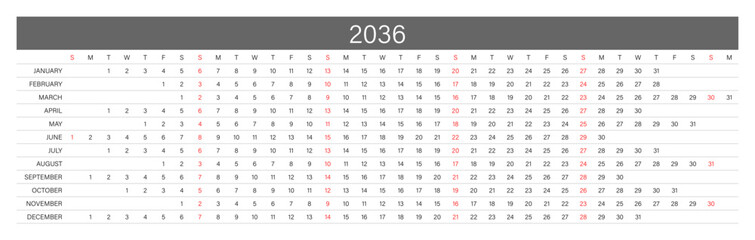 2036 Linear Calendar. Replaceable Text. One line calendar template