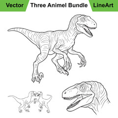 Three Ferocious Velociraptor Poses as a Prehistoric Line Art Set