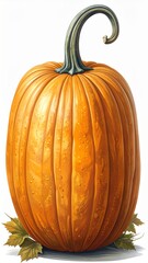 Tall Orange Pumpkin with Green Stem on White Background Studio Shot