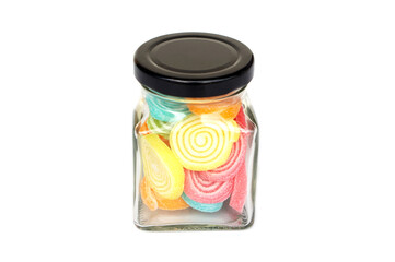 Colorful jelly candies in a glass jar with black lid, sweet spiral gummy treats in vibrant rainbow colors. Perfect for food, dessert, and confectionery concept, ideal for advertising or packaging 