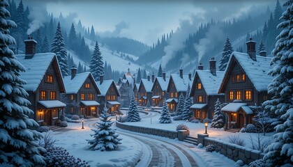 Fototapeta premium A snowy village with decorated houses, smoke from chimneys, warm glowing windows.