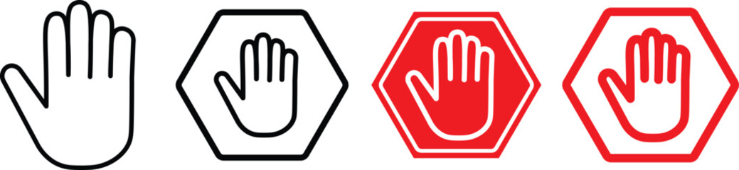 Obraz premium hand stop icon set. Red and black stop sign with hand icon set, stop hand icon. vector png illustration. 