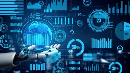 A futuristic robotic hand reaches out to interact with digital graphs and data visualizations. This imagery symbolizes technological advancement and global connectivity. Xenic - Powered by Adobe