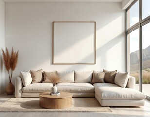 Modern living room features large sectional sofa, plush pillows, round wooden coffee table with vase, book. Sunlight streams through big window, illuminating blank wall with framed picture, creating