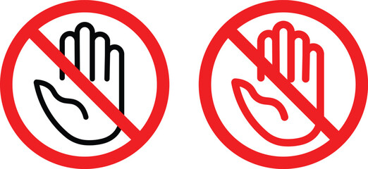 Red stop hand block octagon sign or Adblock or do not enter or forbidden icon. Red and black stop sign with hand icon set
