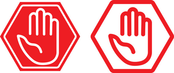 Red stop hand block octagon sign or Adblock or do not enter or forbidden icon. Red and black stop sign with hand icon set
