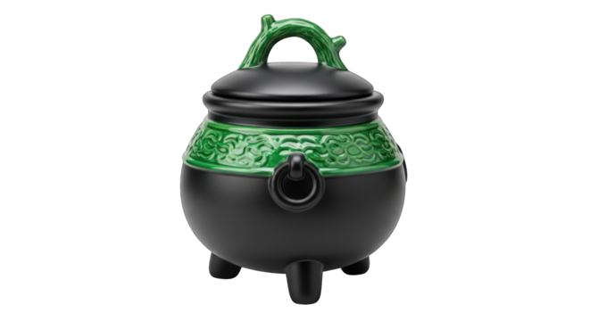 Black cauldron with green trim on transparent background