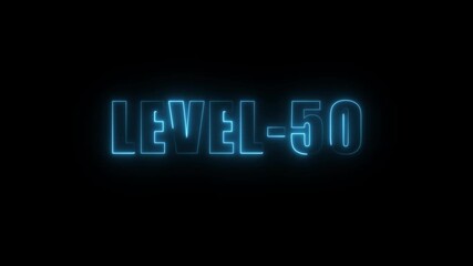 Neon blue glowing text L E V E L-50 on black background digital animation achievement milestone - Powered by Adobe