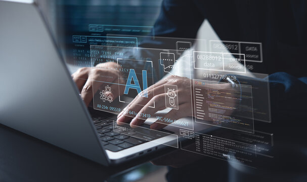 AI Artificial Intelligence technology for data analysis, research, planning and work generate programming. Man using laptop and AI assistant dashboard. Technology smart robot Agentic AI