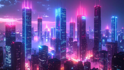 A glowing cyberpunk metropolis fueled by the digital revolution of cryptocurrency and blockchain technology