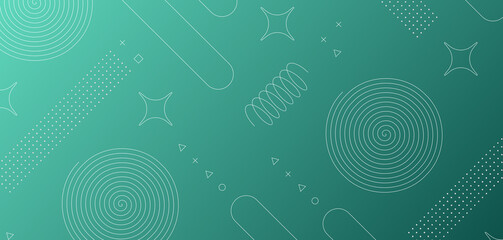 Obraz premium Teal blue. Abstract background with geometric shapes including spirals, dots, and lines on a teal green gradient. Minimal futuristic style perfect for banners, web design, presentations, and posters. 