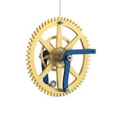 Intricate golden clockwork mechanism with precision gears and springs, symbolizing time and engineering.