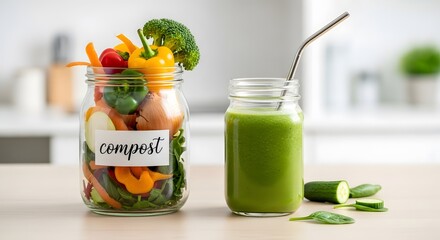 Vegetable scraps in compost jar sit next to green smoothie on kitchen counter, promoting zero waste lifestyle and healthy eating habits.