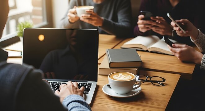 Business team collaborating on laptop and smartphones in bright cafe, enjoying coffee and brainstorming ideas in a modern, productive atmosphere.