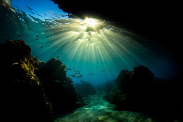 Fototapeta premium Diving into a deep tropical blue ocean reveals a vibrant underwater world with sunlight filtering through the water on a coral reef