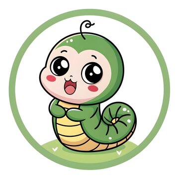 Adorable Baby Urutu Viperlet Curled Around A Gummy Worm In Cute Chibi Cartoon Style, Kawaii Snake Illustration With Sparkly Eyes, Pastel Colors, And Playful Sweet Charm
