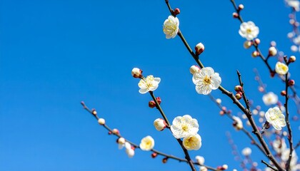 White plum blossoms blooming against a clear blue sky in early spring