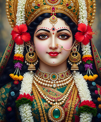Durga mata portrait with crown and red roses. Mata Durga smiling portrait with soft light. jewelry. Crown.