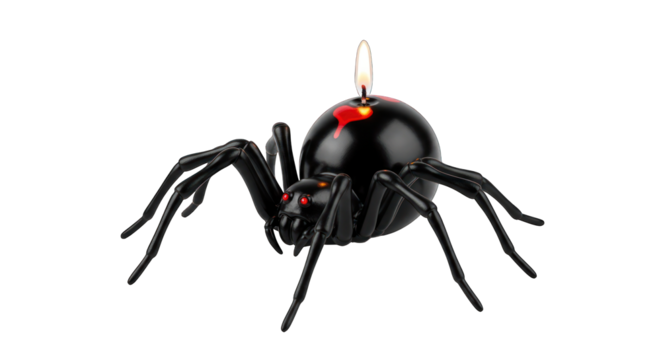 Black widow spider candle burns on transparent background