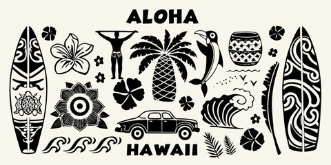 Aloha hawaii collection of tropical icons and symbols featuring surfboards palm trees flowers and a car