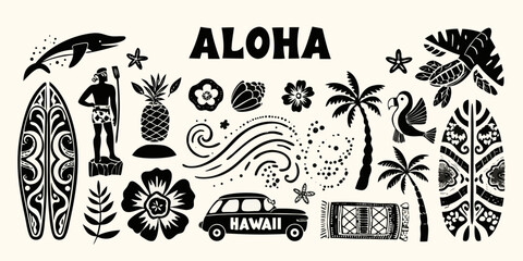 Hawaiian aloha collection of tropical icons and symbols with surfboards and palm trees © Piku