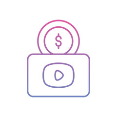Outlined coin box with play button gradient from pink to blue. Editable stroke. Vector icon illustration