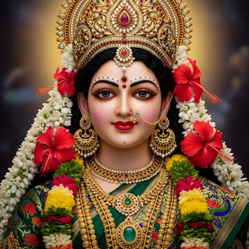 Durga mata portrait with crown and red roses. Mata Durga smiling portrait with soft light. jewelry. Crown.