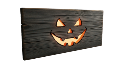 Jack o lantern face on wood sign on transparent background