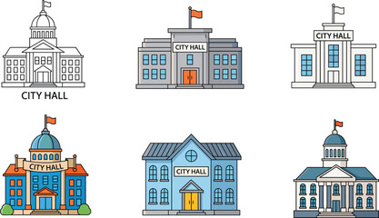 Set of City Hall Building Icons, Government Architecture Collection, Municipal Office Illustrations, Public Administration Structures in Various Styles
