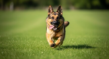 Energetic German Shepherd dog running freely on green grass