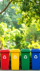 Colorful recycling bins in a park