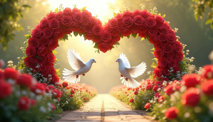 Two white doves fly through heart-shaped arch of vibrant red roses on sunny garden path. Greenery, flowers surround, creating romantic nature scene perfect for celebrations like Valentine Day