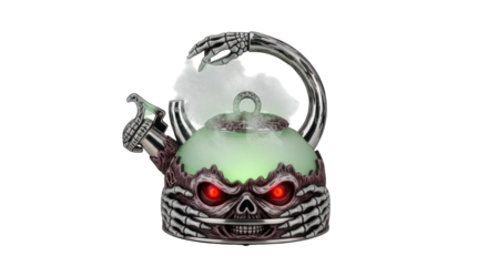 Spooky skull kettle with green tea on transparent background