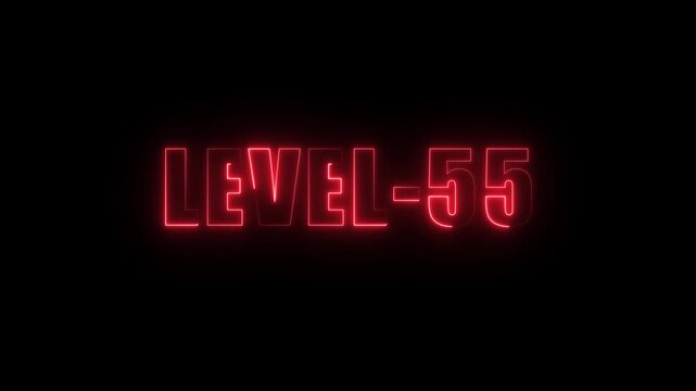 Red neon glowing text L E V E L 55 on black background animated abstract concept for gaming