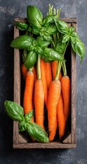 Fresh carrots and basil in a wooden crate (6)
