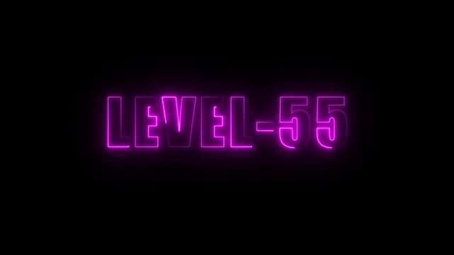 Glowing neon purple L E V E L 55 text animation on black background futuristic gaming achievement