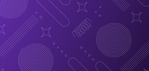 Indigo dark violet. Abstract background with geometric shapes including spirals, dots, and lines on a gradient. Minimal futuristic style perfect for banners, web design, presentations, and posters.