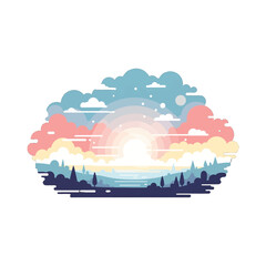 Naklejka premium Pixel Art Sunset Landscape with Pastel Sky and Silhouetted Trees Above Calm Water Illustration in Vector Graphic Style Suitable for Backgrounds